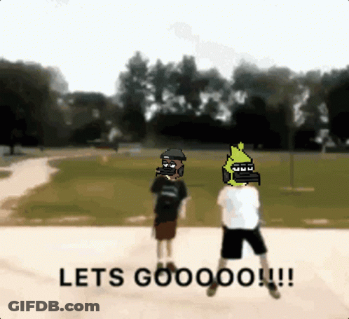 Two Cartoon Characters Standing In A Park With The Words Lets Gooooo !!! GIF