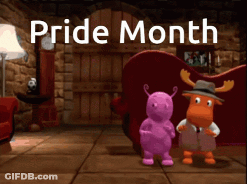 Two Cartoon Characters Standing In A Room With The Words Pride Month Written Above Them GIF