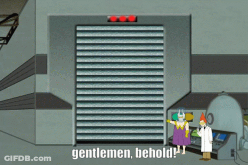 Two Cartoon Characters In Front Of Garage Door GIF