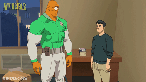 Two Cartoon Characters Standing In Front Of A Sign That Says Invincible On It GIF