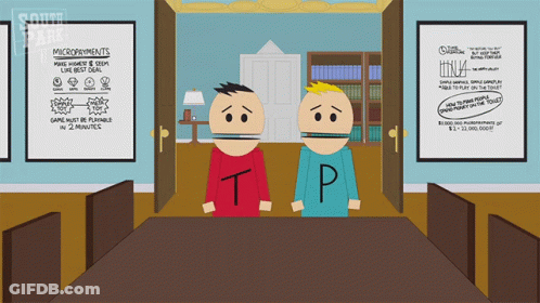 Two Cartoon Characters Standing In Front Of A Sign That Says Micropayments On It GIF