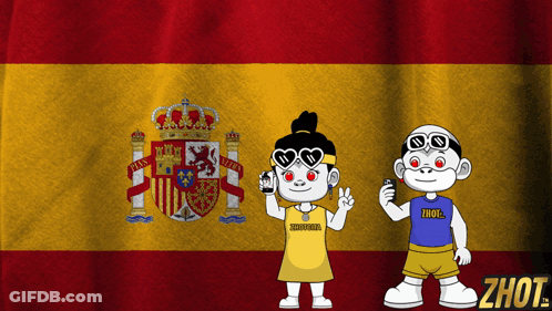 Two Cartoon Characters Standing In Front Of A Spanish Flag With The Word Shot On The Bottom GIF