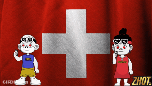 Two Cartoon Characters Standing In Front Of A Swiss Flag GIF