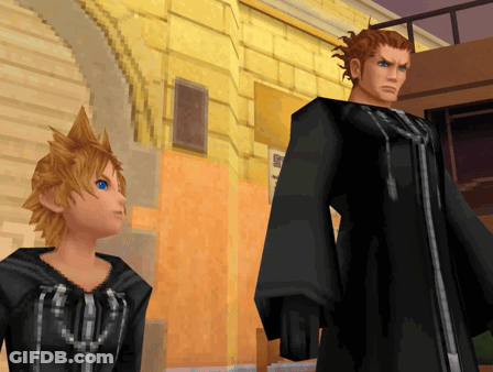 Two Cartoon Characters Standing In Front Of Building With Sign Saying A GIF