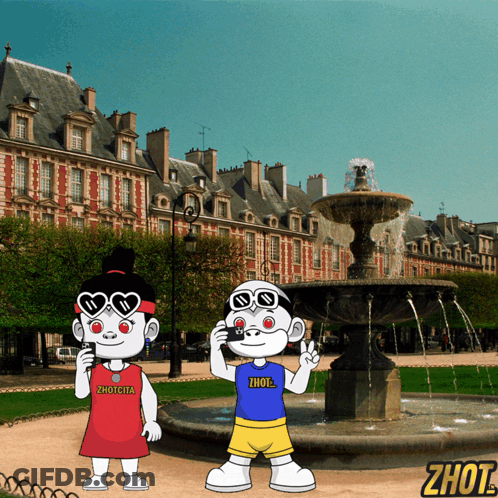 Two Cartoon Characters Standing In Front Of Fountain With Word Zhout GIF