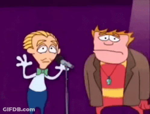 Two Cartoon Characters Standing In Front Of Microphone With Arms Outstretched GIF