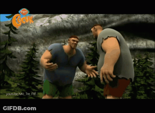 Two Cartoon Characters Standing In Front Of TRT Cocuk Sign GIF