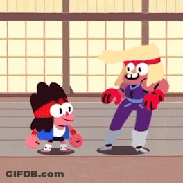 Two Cartoon Characters Standing In Gym GIF
