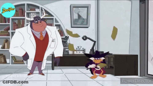Two Cartoon Characters Standing In Room, Duck With Horns GIF