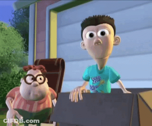 Two Cartoon Characters Standing Near House GIF
