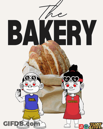 Two Cartoon Characters Standing Next To A Bag Of Bread With The Words The Bakery Behind Them GIF