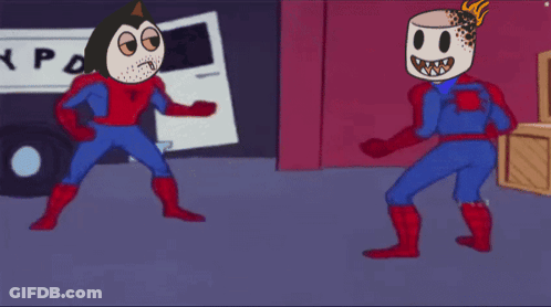Two Cartoon Characters Standing Next To Each Other And One Has A Marshmallow On His Head GIF