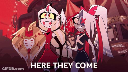 Two Cartoon Characters Standing Next To Each Other Here They Come GIF