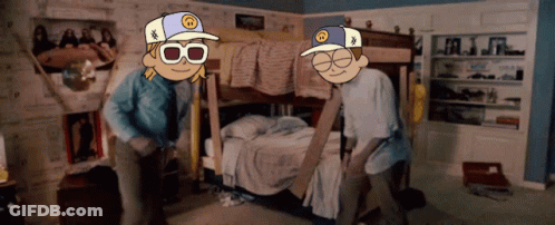 Two Cartoon Characters Standing Next To Each Other In A Bedroom GIF