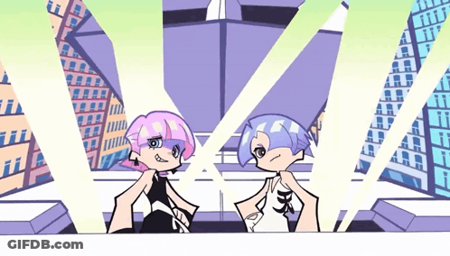 Two Cartoon Characters Standing Next To Each Other In Front Of Buildings GIF
