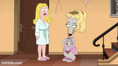 Two Cartoon Characters Standing Next To Each Other In Room GIF