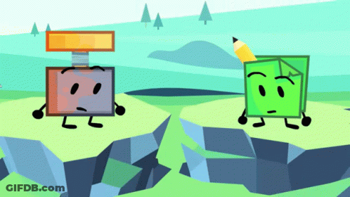 Two Cartoon Characters Standing Next To Each Other On A Rock GIF