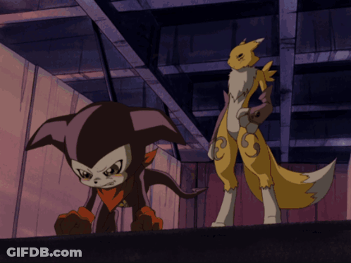 Two Cartoon Characters Standing Next To Each Other One Of Which Has The Letter C On Its Head GIF