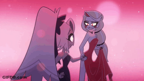Two Cartoon Characters Standing Next To Each Other Pink Background GIF