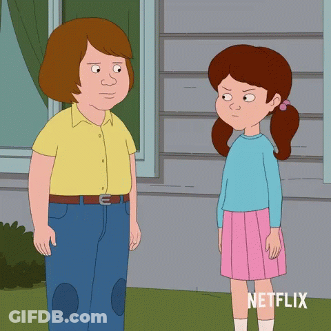 Two Cartoon Characters Standing Next To Each Other With A Netflix Logo Behind Them GIF