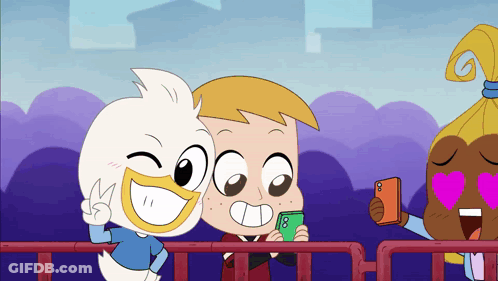 Two Cartoon Characters Standing Next To Each Other With Number 8 On Phone GIF