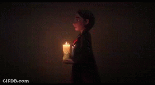 Two Cartoon Characters Standing Next To Each Other With One Holding A Candle In Front Of A Wall That Says Uno GIF