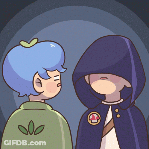 Two Cartoon Characters Standing Next To Each Other With One Wearing A Mushroom Badge GIF