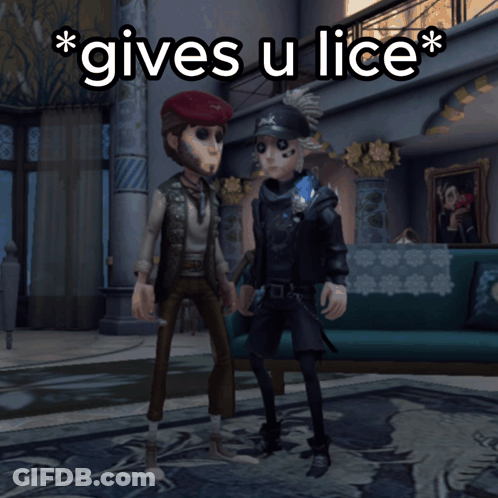 Two Cartoon Characters Standing Next To Each Other With The Caption " Gives U Lice " Above Them GIF
