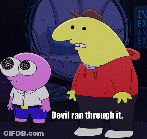 Two Cartoon Characters Standing Next To Each Other With The Words Devil Ran Through It GIF