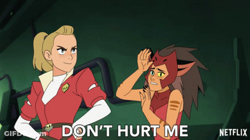 Two Cartoon Characters Standing Next To Each Other With The Words " Don 'T Hurt Me " Written On The Bottom GIF