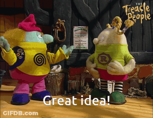 Two Cartoon Characters Standing Next To Each Other With The Words Great Idea Written Below Them GIF