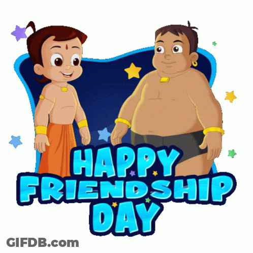 Two Cartoon Characters Standing Next To Each Other With The Words Happy Friendship Day Below Them GIF
