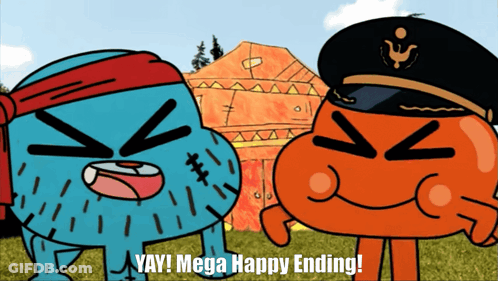 Two Cartoon Characters Standing Next To Each Other With The Words Mega Happy Ending Written Below Them GIF
