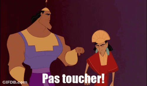 Two Cartoon Characters Standing Next To Each Other With The Words Pas Toucher In The Corner GIF