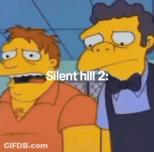 Two Cartoon Characters Standing Next To Each Other With The Words Silent Hill 2 On The Bottom Right GIF