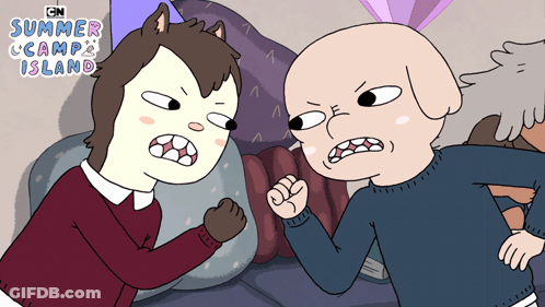 Two Cartoon Characters Standing Next To Each Other With The Words Summer Camp Island On The Bottom Right GIF