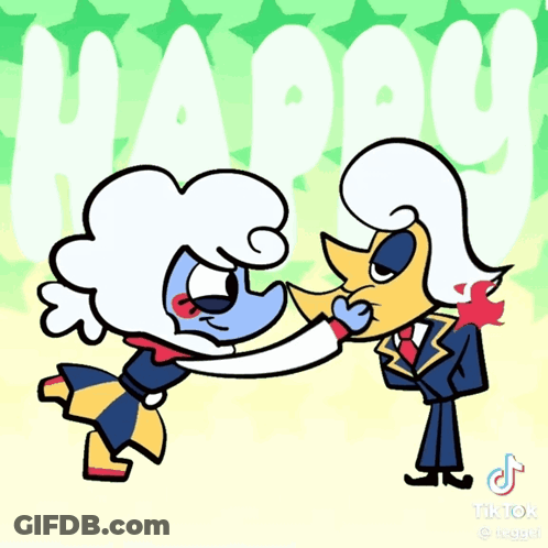 Two Cartoon Characters Standing Next To Happy GIF