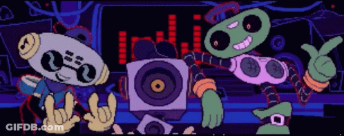 Two Cartoon Characters Standing Next To Speakers GIF