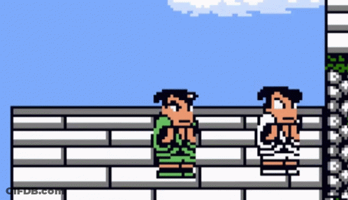 Two Cartoon Characters Standing On A Wall GIF