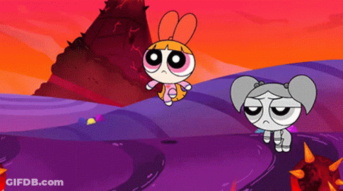 Two Cartoon Characters Standing On Purple Road GIF
