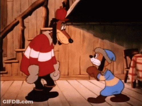 Two Cartoon Characters Standing On Wood Floor GIF