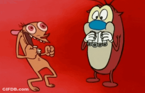 Two Cartoon Characters Standing, One With Blue Nose GIF
