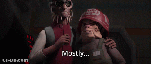 Two Cartoon Characters Standing Together One Says Mostly GIF