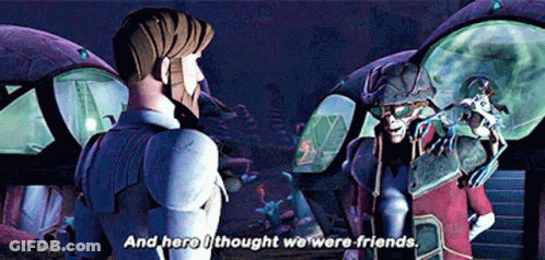 Two Cartoon Characters Talking And Here I Thought We Were Friends GIF