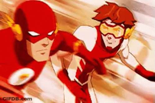 Two Cartoon Characters , The Flash And Young Justice , Are Flying Together . GIF