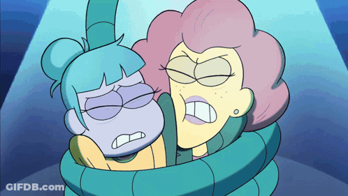 Two Cartoon Characters Tied Together Purple And Pink GIF