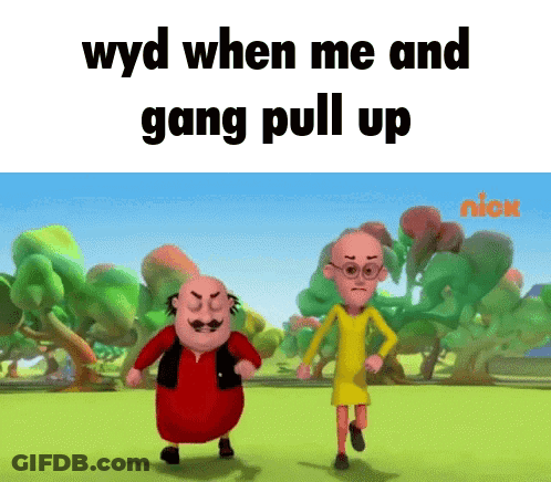 Two Cartoon Characters Walking In Field Wyd When Me And Gang Pull Up GIF