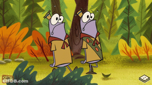 Two Cartoon Characters Walking In Woods Camp Bizz GIF