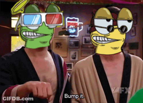 Two Cartoon Characters Wearing 3D Glasses Are Standing Next To Each Other And One Of Them Says Bump It GIF