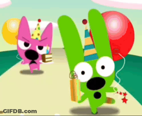 Two Cartoon Characters Wearing Party Hats And Holding Balloons Are Standing Next To Each Other GIF